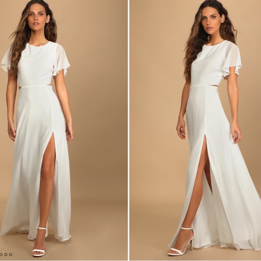 LULU's Elegant Wedding Bridal Shower Engagement Flowy White Chic Maxi Dress